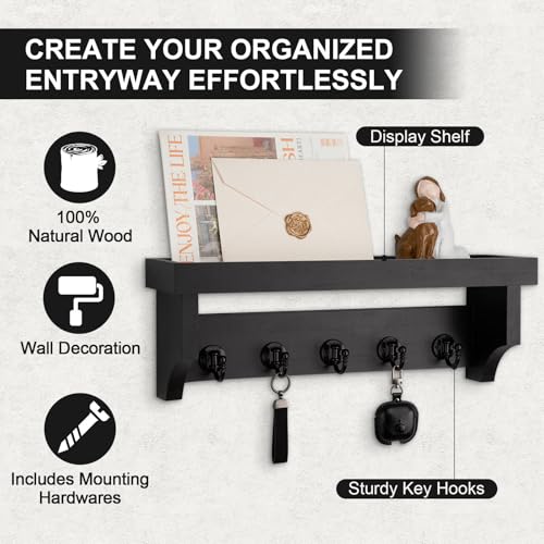 Key and Mail Holder Wall Mount, Key Holder with Shelf and Mail Organizer Wall Mount. Mail Holder with 5 Hooks for Coat, Dog Leash, Home Decor Rack, Entry Way Organizer (Black) - color: Black