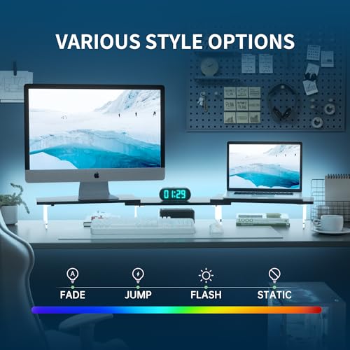 AFOOYO LED Dual Monitor Stand Riser for 2 Monitors,Office Desktop Wooden Stand Adjustable Length and Angle 3 Shelf,Extra Long Multifunctional Stand up to 44.4" for Computer,Laptop,TV,Black - color: Black, size: Dual