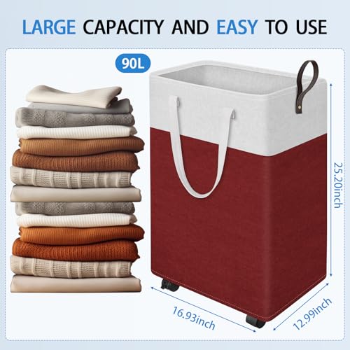 HomeHacks 90L Large - Capacity Rolling Laundry Basket, Laundry Hamper with 4 Smooth Wheels, Collapsible Waterproof Clothes Basket, Freestanding Hamper with Handles for Bedroom/Dorm/Laundry Room (Red) - color: Red, size: 90L