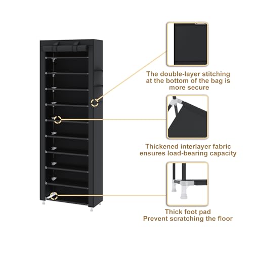 UDEAR 10-Tier Free Standing Shoe Rack Sturdy Shoe Rack Organizer for Closet Entryway Stackable Shoe Shelf with Dustproof Cover,Black - color: Black