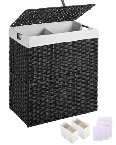 Greenstell Laundry Hamper with lid, No Install Needed, 110L Wicker Laundry Baskets Foldable 2 Removable Liner Bags, 2 Section Clothes Hamper Handwoven Rattan Laundry Basket with Handle, Black - color: Black, size: 110L (22.2x13.3x24.0 Inches)