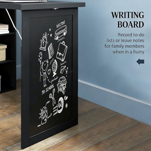 Foldable Wall Mounted Desk with Storage Shelves, Fold Out Convertible Computer Table with Blackboard, Folding Writing Table Workstation for Small Spaces,Home Office (Black) - color: Black
