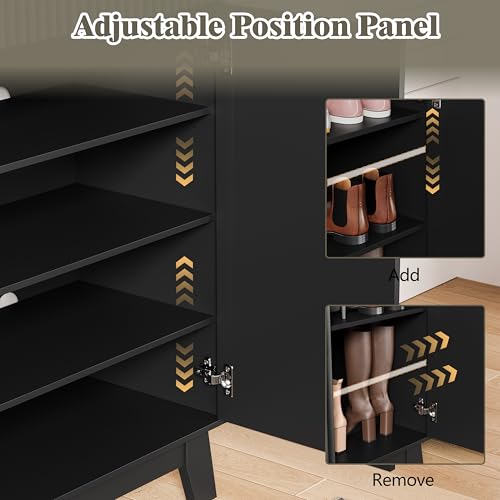 Shoe Cabinet Storage for Entryway, 4 Tier Fluted Shoe Storage Cabinet with 2 Drawers, Narrow Hidden Shoe Organizer with Adjustable Shelves, Freestanding Shoe Rack for Entryway, Hallway, Black - color: Black, size: 4 Tier