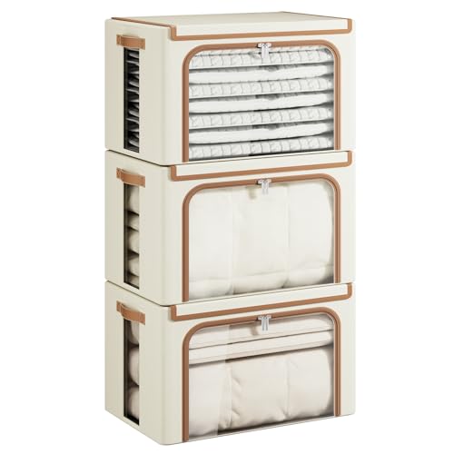 Yecaye Clothes Storage Bins with Metal Frame, Foldable Clothing Storage Bin with Lid, Stackable Oxford Fabric Organizer Box With Clear Window & Zippers & PU Leather Handles (3 Pack,Beige,66L) - color: Beige, size: 66L Large(3 Pack)