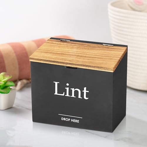 Magnetic Lint Bin for Laundry Room - Compact Size, Wooden Dryer Lint Holder with Lid - Rustic Lint Box, Magnetic Bin - Modern Farmhouse Laundry Room Decor, Black with Torched Lid - color: Black with Torched Lid
