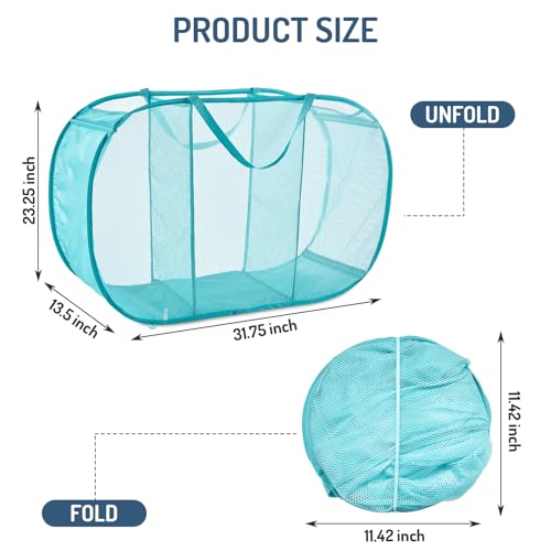 Seiritex Mesh Popup Laundry Hamper 3 Compartment Sortable Horizontal Collapsible Laundry Basket for Clothes Laundry Room Bedroom Toys Travel (Turquoise Blue) - color: Turquoise 3-compartment