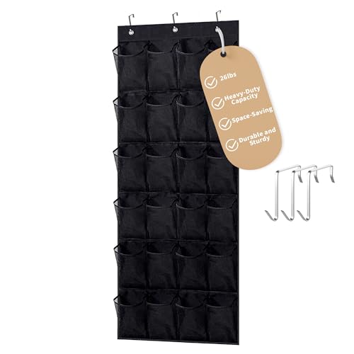 Over The Door Shoe Organizer with 24 Large Breathable Mesh Pockets, Space-Saving Hanging Storage Holder for Shoes & Accessories, Adjustable Hooks for Hanging Door Shoe Holder Rack(Black)