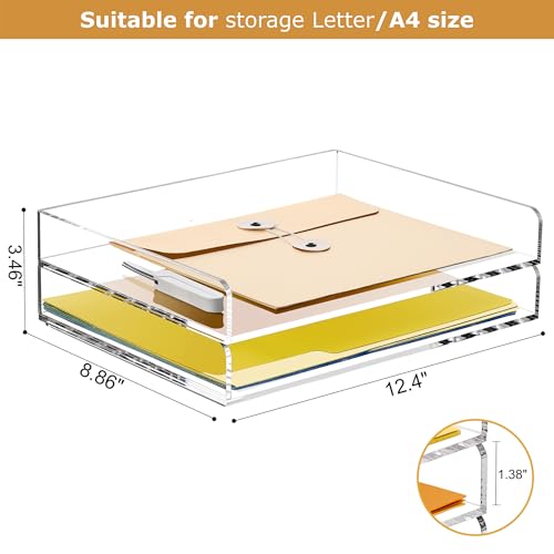 2-Tier Acrylic Stackable Letter Tray Paper Organizer Trays for Desk, Clear Horizontal File Paper Sorter, Office Supplies Accessories Storage for Letter/A4 Size Folders Documents 12.4inx8.86inx3.46in - style: 2 Tier Ultra-thin Trays