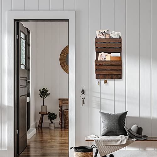Mail Organizer Wall Mount with 4 Key Hooks, Rustic Wooden Hanging Mail Sorter Farmhouse Key Holder for Wall Decoration, 2-Slot Wall File and Magazines Bill Letter Holder (Brown) - color: Brown