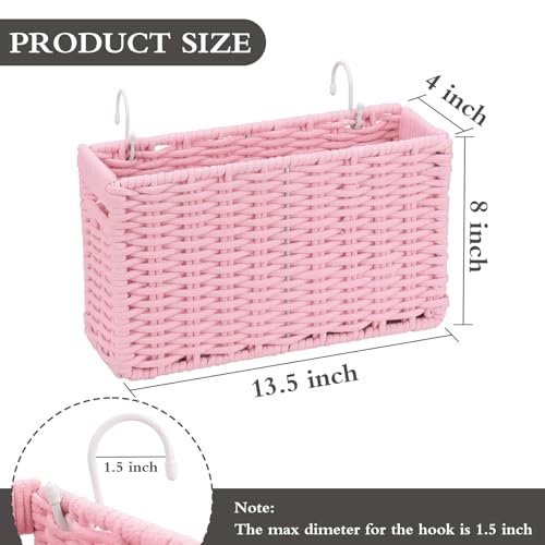 Cotton Rope Woven Bedside Caddy for Dorm Bed, Foldable Bedside Shelf Bunk Bed Accessories, College Dorm Room Essentials Hanging Organizers Storage Basket, Room Decor Magazine File Holder (Pink) - color: Pink