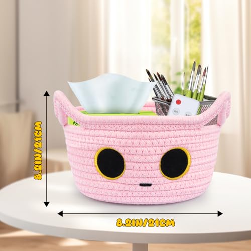Small Storage Cat Basket, Pinks Cotton Rope Woven Basket for Nursery With Ears Toy Organizer Baskets for Gift, Cat Dog Bin Toys 8.5×4.5 inches - color: Pink, size: 9 × 5 inches