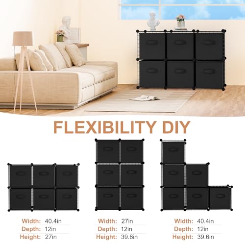 Leinuosen 6 Cube Storage Organizer with 6 Foldable Fabric Storage Bins, Metal Wire Grid Shelves, Stackable Modular Closet Organizer for Bedroom Living Room Office Toys Books(Black,Black) - color: Black,Black