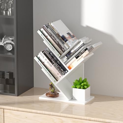 R RUISHENG 3 Tier Small Tree Bookshelf Storage Organizer Shelves Floor Standing Bookcase Desk Wood Storage Rack for Home Office Living Room Bedroom Display for Book Magazine CD manga Warm White - color: Warm White