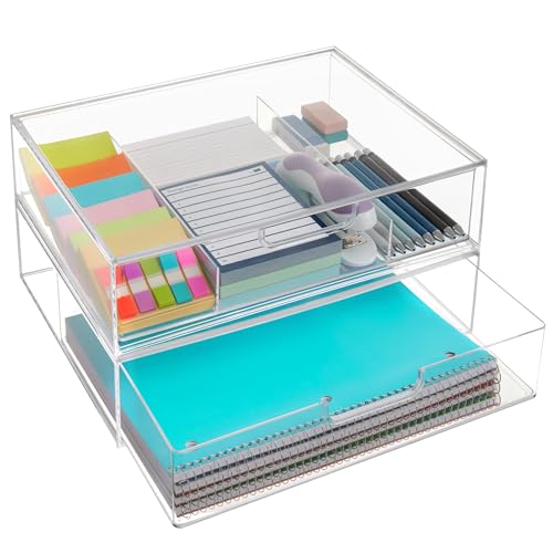 STORi STAX Plastic Stackable Organizer Drawers (Set of 2) Clear | 12.5" Wide | Set Includes One Open Drawer & One Divided Drawer | Organize Office Desk Accessories & Sort Paper | Made in USA - color: Clear, size: Open/Divided 2pk