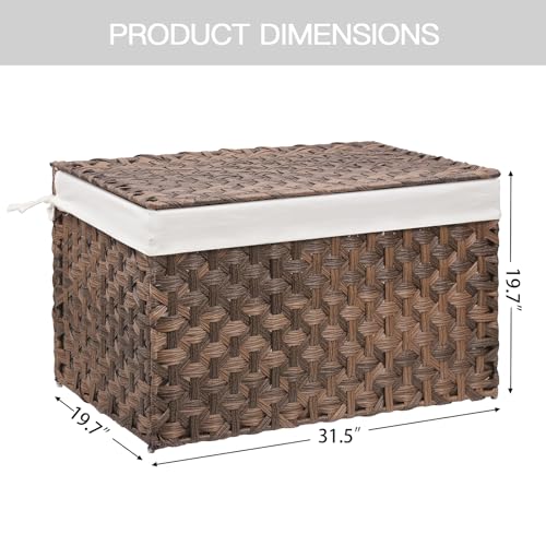 Wicker Storage Basket with Lid, 52.8 Gallon (200L) Large Blanket Basket with Lid, Woven Storage Bin with Handles, Removable Liner, Metal Frame, Foldable, for Bedroom, Laundry Room, Brown - color: Brown, size: 200L:19.7 x 31.5 x 19.7 Inches