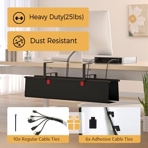 Under Desk Cable Management Tray - 28" Cord Organizer for Desk No Drill, Fabric Under Table Wire Organizer with 16X Cable Ties Hide for Office/Home, Cord Hider Fits Adapters & Sockets, Black - color: Black, size: 28'' L