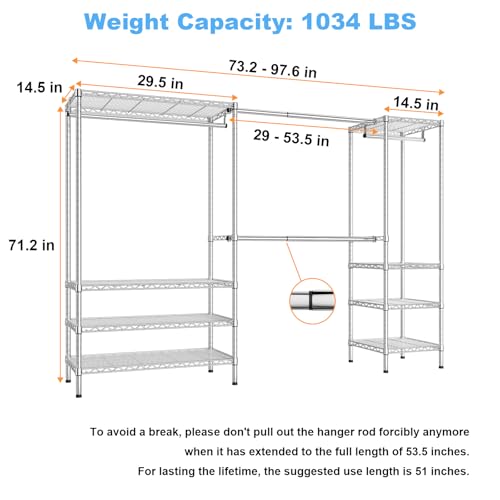 Ulif E11 Heavy-Duty Garment Rack, Metal Freestanding Clothes Rack and Closet Storage Organizer System with 8 Shelves and 4 Hanger Rods, (73.2-97.6)" W x 14.5" D x 71.2" H, Load 1034 LBS, Chrome - color: Chrome