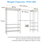 Ulif E11 Heavy-Duty Garment Rack, Metal Freestanding Clothes Rack and Closet Storage Organizer System with 8 Shelves and 4 Hanger Rods, (73.2-97.6)" W x 14.5" D x 71.2" H, Load 1034 LBS, Chrome - color: Chrome