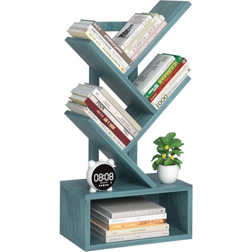 SHEEPAM Small Tree Book Shelf,5 Tier Black Tree Bookshelf,Blue Desktop Bookcase,Modern Desk Display Storage Bookshelves,Floor Standing Organizer Bookcases for Living Room,Bedroom,Office-Blue - color: Navy Blue, size: 5 Tier