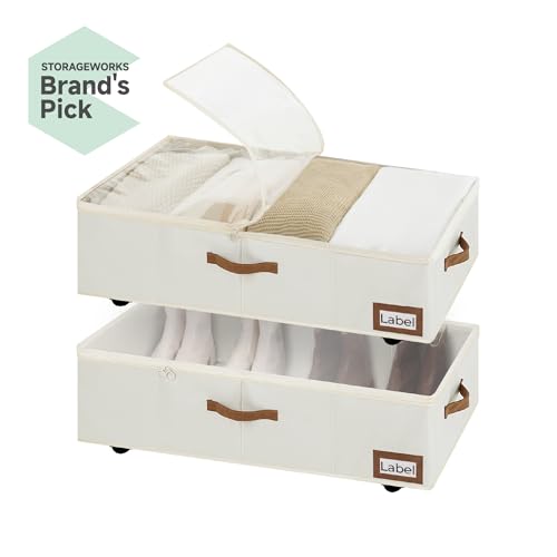 StorageWorks Under Bed Storage with Wheels, 10" Underbed Storage Containers with Lid, 90L Clothes Organizer for Blankets, Sweaters, Bedding, 2-Pack, Beige - color: Beige, size: Extra Large-with Wheels