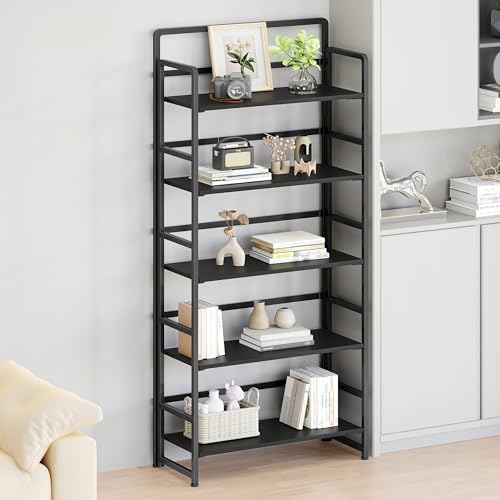 No Assembly Folding Bookshelf, 5 Tiers Collapsible Book Shelf for Home Office, Vintage Wood Foldable Bookcase Storage Organizer for Living Room Bedroom (Black) - color: Black, size: 5-tier