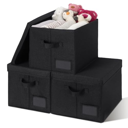 GRANNY SAYS Storage Bins with Lids, Storage Bins for Linen Closet Shelves, Decorative Storage Boxes with Label, Clothes Storage and Organization for Organizing, 3-Pack, Large, Black - color: Black, size: Large