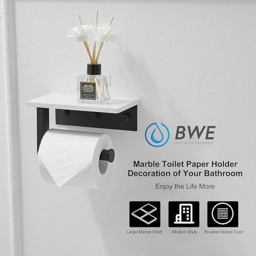 BWE Matte Black Toilet Paper Holder with Marble Shelf, Toilet Paper Roll Holder Wall Mounted, Toilet Paper Roll Holder with Phone Shelf 304 Stainless Steel Tissue Holder for Bathroom Washroom - color: Black