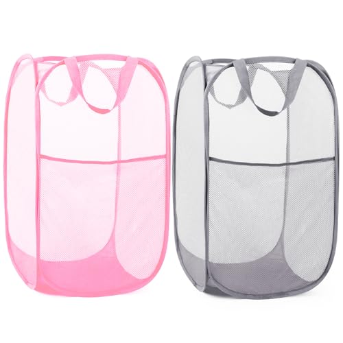 Durable Collapsible Laundry Baskets - Reinforced Mesh Pop Up Laundry Hamper with Pocket, Foldable Dirty Clothes Hamper with Carry Handles for Laundry, Bathroom, Kids Room, Dorm or Travel Pink+Grey - color: Pink+Grey, size: Pop Vertical