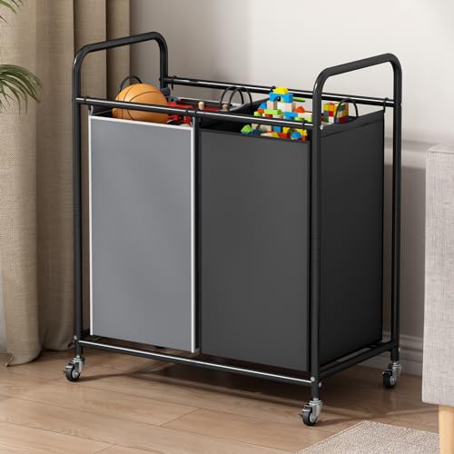 SUOERNUO Laundry Hamper Basket 2 Bag Laundry Sorter Cart with Rolling Lockable Wheels and Removable Bags Laundry Organizer Cart for Clothes Storage - color: Black+Grey, size: 2 Bags