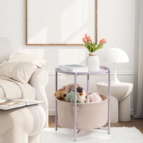 danpinera Round Side Table with Fabric Storage Basket, Metal Side Table Small Bedside Nightstand with Removable Tray Top for Living Room, Bedroom, Nursery, Laundry, Light Violet - color: Light Violet