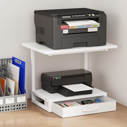 YAOHUOO 2-Tier Desktop Printer Stand with Fabric Drawer, Prtiner Table with Storage Shelf, Desk Organizer for Home Office,3D Printer,Fax Machine,Scanner, 19.6"x14.9" White - color: White, size: Large