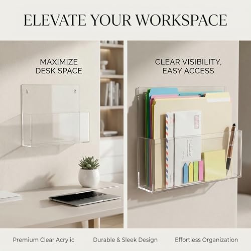 JUESHA 2 Pack Clear Acrylic File Holder Wall Mount Self Adhesive, Letter Size Hanging Paper Organizer, Wall Pocket File Holder Storage for Letter Folder Brochure Magazine Bookshelf Literature Display - color: Clear