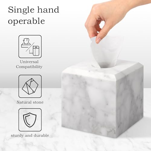 Natural Marble Square Tissue Box Cover ,Stone Modern Decorative Sturdy Napkin Box Holder Case,Facial Paper Organizer for Bathroom Vanity Toilet Countertop,Kitchen (1, Carrara White, 5.71*5.71*5.51) - color: Carrara White