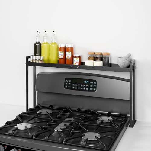 Bumusty Adjustable Stove Top Shelf – Expandable 4-Level Spice Rack and Kitchen Countertop Organizer, Anti-Slip Metal, 27"–33" Length, 11"–14" Height, Black