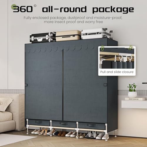 Portable Wardrobe, Freestanding Closet Hanging Organization, Metal Frame with Grey Fabric Cover, 3 Storage Compartments, 3 Hanging Rods, 3 Drawers. - color: Grey