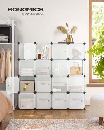 SONGMICS Cube Storage Organizer, Set of 16 Plastic Cubes, Closet Storage Shelves, DIY Plastic Closet Cabinet, Modular Bookcase, Shelving with Doors for Bedroom, Living Room, White ULPC44BSV1 - color: White, size: 16 Cubes, style: with doors