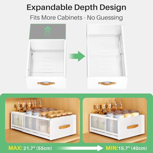 Pull out Cabinet Organizer, Expandable Depth(15.7"-21.7") with Raising Pad for Framed Cabinets, Heavy Duty Slide out Drawers, Adhesive Roll Out Shelves for Kitchen, Pantry Storage(White, 1-Pack) - color: White, size: 1-Pack