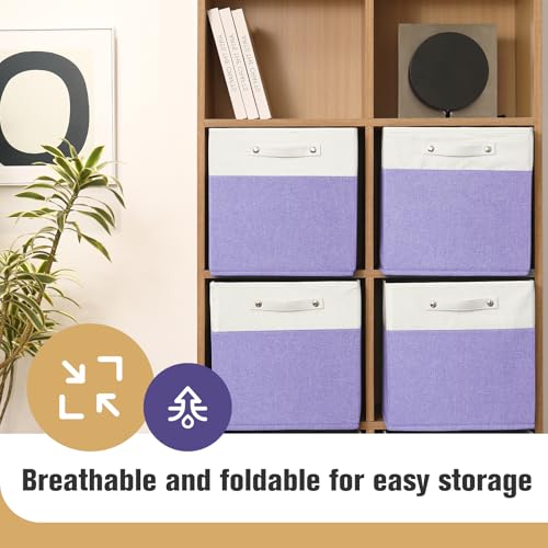 FinishingBo 13 x 13 Inch Fine Linen Storage Bins with Handles，Fabric Cube Boxs，Basket Organizers for Shelves for Home, Closet Drawers (White/Purple-4 Pack) - color: White/Purple-4 Pack