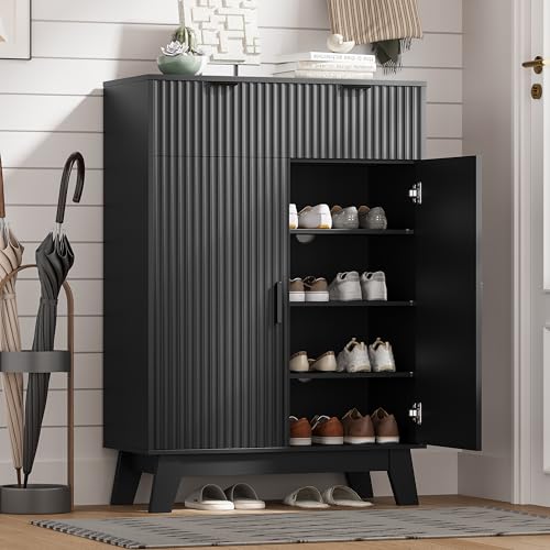 Shoe Cabinet Storage for Entryway with Doors, 4 Tier Fluted Shoe Organizer with 2 Drawers, Entryway Shoe Storage with Adjustable Shelves, Freestanding Hidden Shoe Rack for Front Door Entrance, Black - color: Black, size: 4 Tier