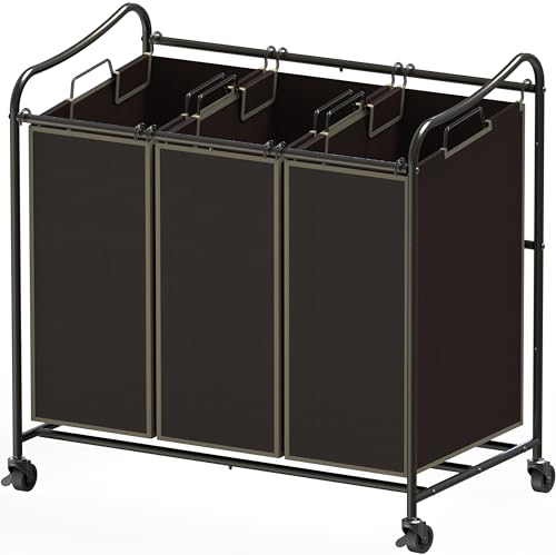 Simple Houseware Heavy Duty 3-Bag Laundry Sorter Rolling Cart, Bronze - color: Bronze