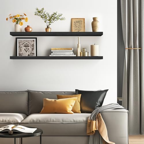 BAYKA Floating Shelves, 48 inches Long Heavy Duty Wall Mounted Rustic Wood Shelves for Bathroom, Bedroom, Living Room, Kitchen, Office, Hanging Shelf for Books/Storage/Decor(Black,Set of 2) - color: A. Black - Universal Classic Style, size: 48inches
