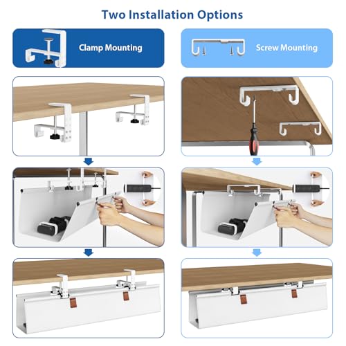 Zilink Under Desk Cable Management 30" No Drill Desk Cable Management Tray Clamp/Screw Mount Cable Tray Sturdy Waterproof Fabric Cord Organizer for Office, Home, White - color: White, size: 30"