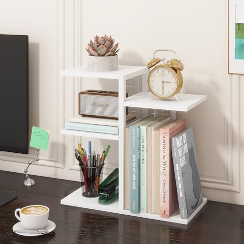 ELITEROO Desk Bookshelf, 4 Tier Wood Desktop Bookshelf, Adjustable Table Top Book Shelf and Storage Rack for Office Supplies, Dorm, Home Office, White - color: White