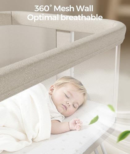 Fodoss Baby Bassinets Bedside Sleeper - Bed Side Bassinet Newborn with Wheels, Storage Tray, 4-Sided Mesh, 7 Height Adjustable, Beige - color: Beige Tweed