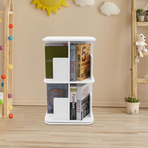 LYNICESHOP 2-Tier 360° Rotating Bookshelf, Compact Standing Bookcase, Small Corner Storage Solution (White) - color: White