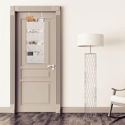 ANTIS'S HOME Nursery Over The Door Organizer Boho Decor Nursery Storage with 4 Large Woven Pockets, Macrame Nursery Organizers and Toys Storage, Behind Door for Bathroom, Bedroom - size: Beige-4 Pockets