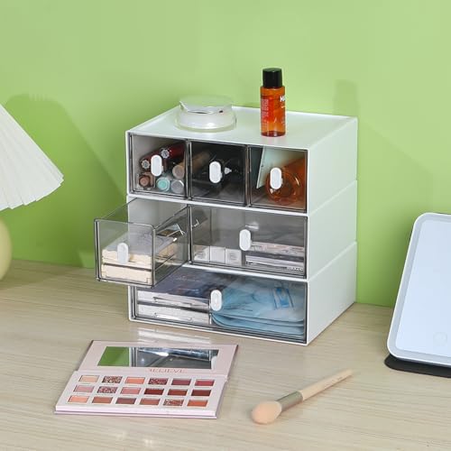 Desktop Storage Drawers, Plastic Desk Organizer with 6 Drawers, Modular Stackable Toolbox Units for Office Stationary, Makeup Container, Bathroom Countertop (3 Tiers, White & Clear) - color: 3 Tall Layers & 6 Drawers, White & Clear