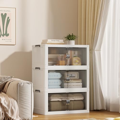SAILUN 87Gal/348Qt Stackable Storage Bins Folding Collapsible Storage Bins with a Lid, Closet Organizers and Storage,White 26" W x 17" D x 43.7" H - color: White, size: 1 Lid 3 Pack-26" W x 17" D x 43.7" H