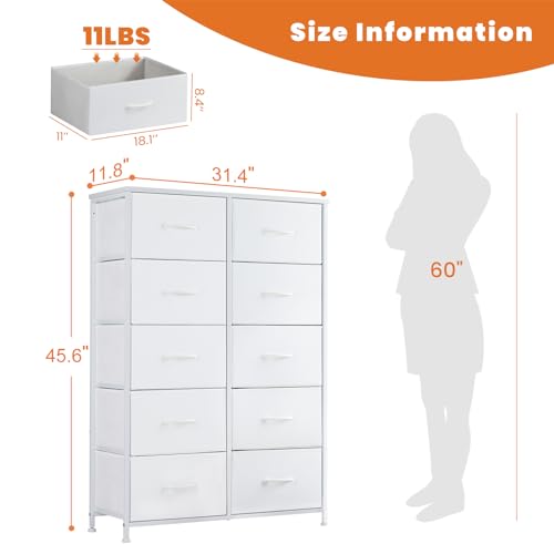 Sweetcrispy 10 Drawer Fabric Dresser Tall Chest Storage Organizer Tower with Cabinet Metal Frame and Wood Top Lightweight Closet Furniture for Bedroom,Cream White - color: White, size: 31.5"D x 11.8"W x 45.7"H (10 Drawers)