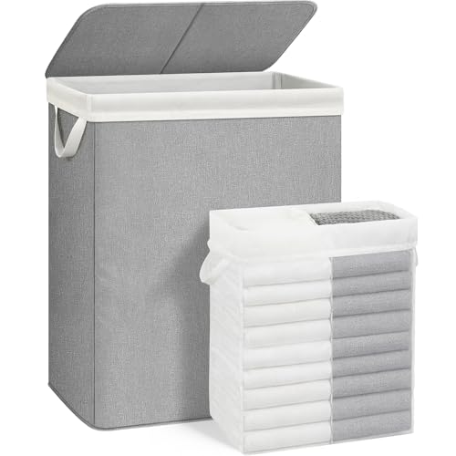 STORAGE MANIAC Double Laundry Hamper with Lid, 140L Tall Metal Frame Laundry Baskets with Removeable Bag, Large Clothes Hamper with PU Tag, Laundry Bin for Dorm, Collage, Bathroom, Bedroom, Gray - size: 2 Section